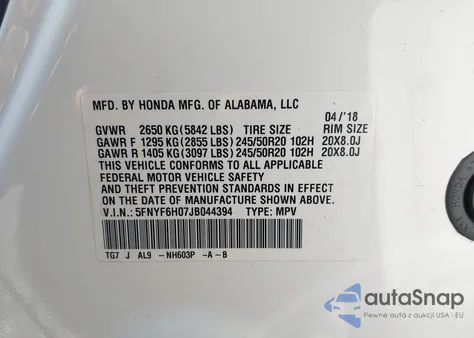 2018 Honda Pilot Elite из США, поврежденный, VIN 5FNYF6H07JB044394